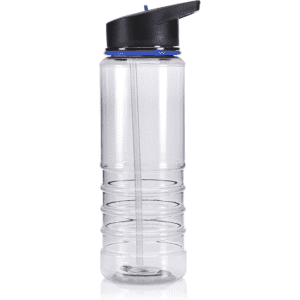 A drink bottle in clear plastic with a black lid and blue accents, featuring a built-in straw.