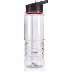 A drink bottle with a clear body, red accents, and a black flip-top lid, featuring a straw inside.