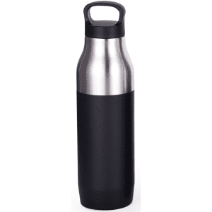 A drink bottle with a stainless steel upper section and a matte black lower section. It features a handle for easy carrying.