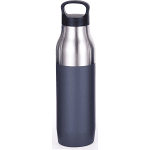 A drink bottle with a stainless steel top and a dark grey matte bottom, featuring a handle.