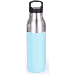 A drink bottle with a stainless steel top and a pastel blue body. It features a handle and has a logo.