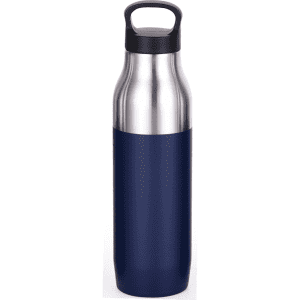 A drink bottle with a stainless steel top and a navy blue bottom, featuring a handle and branding.