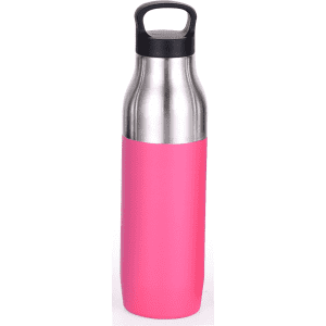 A drink bottle with a stainless steel top and a bright pink silicone bottom, featuring a black handle.