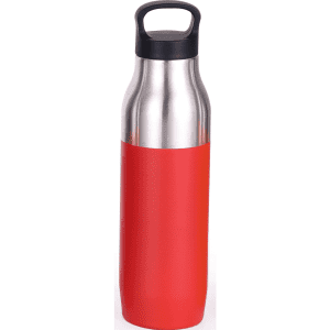 A drink bottle in stainless steel with a vibrant red silicone exterior and a black lid, featuring a logo.