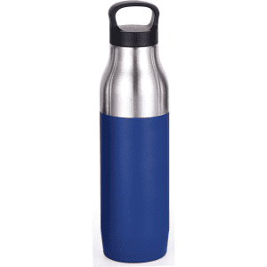 A drink bottle with a stainless steel upper section and a blue matte lower section, featuring a black handle.