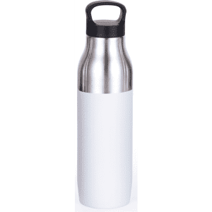A drink bottle featuring a stainless steel body with a white lower section and a black handle. It has a logo on the front.