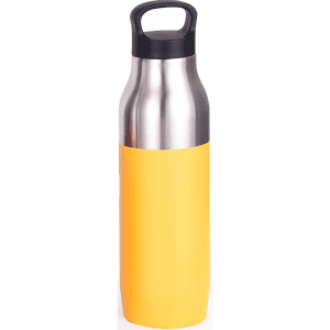 A drink bottle featuring a stainless steel upper and a bright yellow lower section, with a handle on top.