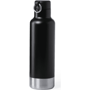 A drink bottle in black with a stainless steel bottom and a lid featuring a ring. It has a sleek, modern design.