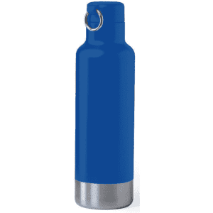 A drink bottle in vibrant blue with a stainless steel base and a metal loop for easy carrying.