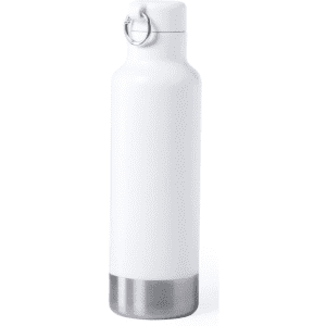 A drink bottle in white with a stainless steel bottom and a ring for attachment. It features a sleek, modern design.