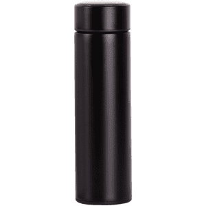 A drink bottle in sleek black with a cylindrical design and a secure lid. Features a branding logo.