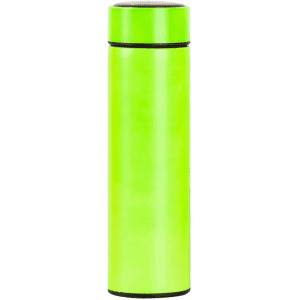 A drink bottle in bright lime green with a sleek, cylindrical design and a black cap. Features a branding logo.