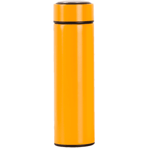 A drink bottle in bright yellow with a sleek design and a black lid, featuring a logo.