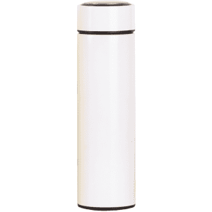 A drink bottle in white with a black lid, featuring a sleek design and a brand logo.