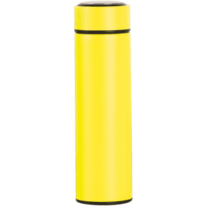 A drink bottle in a bright yellow colour with a sleek design and black accents. It features a logo.