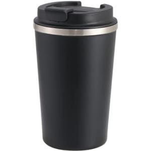 A black plastic tumbler with a stainless steel band and a secure lid. It features a logo on the side.