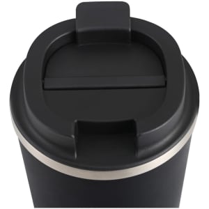 A black drink tumbler with a stainless steel band and a slide-open lid. It features a logo.