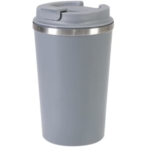 A grey plastic tumbler with a silver band and a lid for easy drinking, featuring a logo.