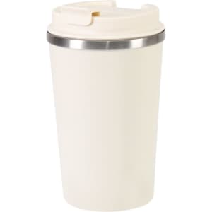 A plastic tumbler in cream colour with a silver band at the top and a lid. It features a logo.