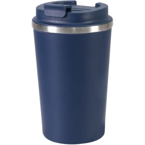 A drink bottle in navy blue with a stainless steel band and a lid for easy drinking. It features a logo.