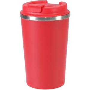 A red plastic tumbler with a silver band around the top and a lid. It features a logo on the side.