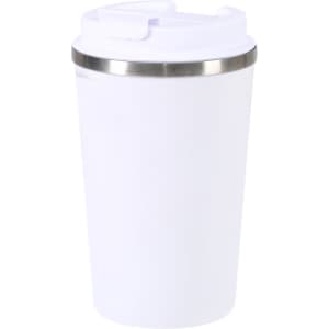 A white drink tumbler with a metallic band around the top and a lid. Features a logo on the side.
