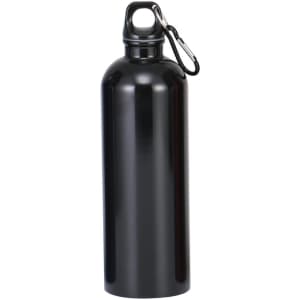 A drink bottle in sleek black metal with a carabiner clip attached. It features a smooth, reflective finish.