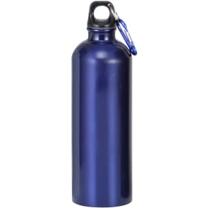 A drink bottle in a deep blue colour with a metal finish and a carabiner clip. It features a logo on the body.