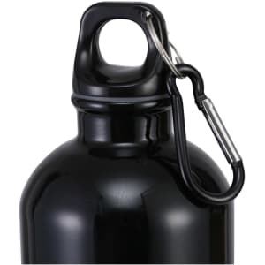 A drink bottle in sleek black, featuring a carabiner clip for easy attachment and a rounded design.