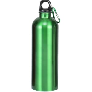 A drink bottle in metallic green with a black cap and a carabiner attachment. It features a logo.