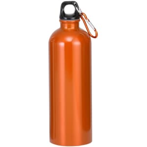 An orange drink bottle with a black top and a carabiner for attaching. It features a logo branding.