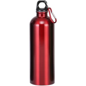 A drink bottle in a shiny red finish with a black top and a metal carabiner. Features a simple design with a logo.