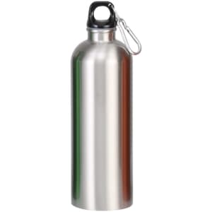 A drink bottle in stainless steel with a black top and a carabiner for attachment. Features a logo on the body.