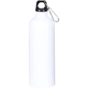 A drink bottle in white with a black lid and attached silver carabiner. Features a branding logo.