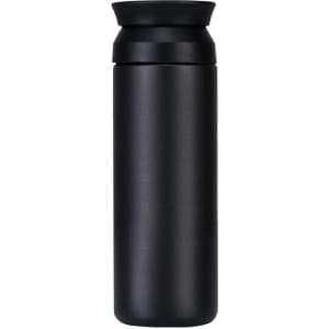 A drink bottle in sleek black with a rounded lid and a minimalistic design. Features a logo on the surface.