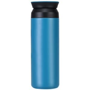 A drink bottle in a vibrant blue colour with a black lid and a sleek design. It features a logo on the side.