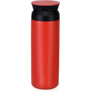 A drink bottle in red and black, featuring a sleek design and a secure cap. It has branding on the surface.