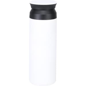A drink bottle in white with a black lid, featuring a sleek and modern design and a logo on the front.