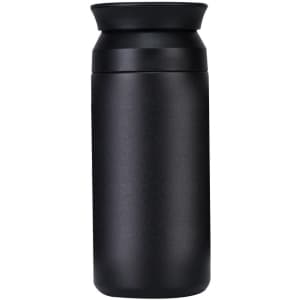 A drink bottle in matte black with a wide mouth and a rounded top, featuring a logo on its side.