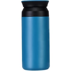 A drink bottle in blue and black, featuring a sleek design and a lid. It has a logo on the side.