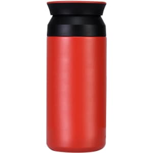 A drink bottle in vibrant red with a black lid, featuring a sleek design and a logo.