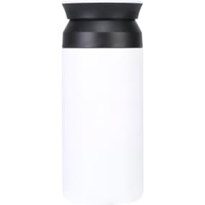 A drink bottle in white with a black lid, featuring a smooth finish and a simple design. It has a logo.