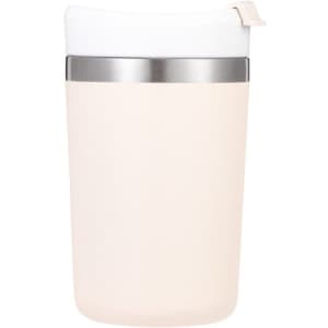 A drink mug in a soft pink colour with a stainless steel band and a white lid. It features a logo.
