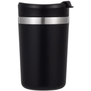 A black coffee mug with a silver band and a lid, featuring a simple design and a branded logo.