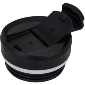 A coffee mug lid in black and white, featuring a flip-top opening and a seal for spill resistance.