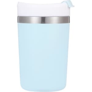A light blue coffee mug with a white lid and a silver band around the centre, featuring a logo.