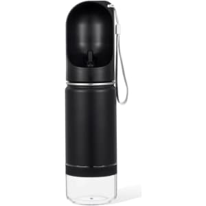 A drink bottle in sleek black with a clear lower section and a lid featuring a carrying strap.