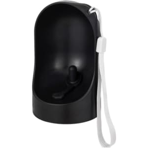 A drink bottle holder in black with a loop and strap for easy attachment. Features a smooth, curved design.
