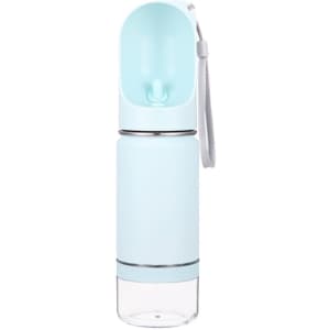 A drink bottle in light blue with a clear bottom section and a flexible, transparent top. It features a strap and a logo.