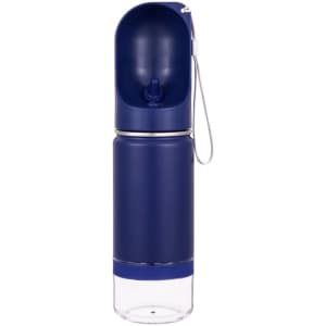 A drink bottle in navy blue with a clear base, featuring a flip-top lid and a logo on the side.